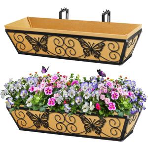 2 Pack 24 Inch Window Boxes Planters Railing Planter Box with Adjustable Brackets for Porch Fence Patio Balcony Hanging Flower Baskets with Woven Fabric for Outdoor Garden Decor - Black
