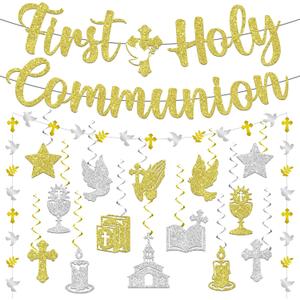 First Communion Decorations, 1st communion decorations includes First Holy Communion Banner Cross Garland and Hanging Swirls, for Boy Girl My Baptism Mi Primera Comunion Decoration