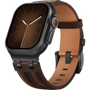 Leather Band Compatible with Apple Watch Ultra 3/Ultra 2 Band 49mm 46mm 45mm 44mm, Mens Rugged Stainless Steel Seamless Clasp Genuine Leather Replacement Strap for iWatch Ultra 3 2 1, Series 11 10 9 8 7 6 5 4 3, SE 3 2 1