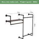 Industrial Pipe Clothing Rack, Wall Mounted Heavy Duty Garment Rack with Wood Shelf, Rustic Metal Closet Organizer for Bedroom, Laundry Room & Retail Store Display, Black, 58”W x 12”D x 46”H