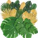 Abzo 77 Pieces 9 Kinds Artificial Palm Leaves for Tropical Party Decorations Golden Tropical Leaves with Stems Jungle Leaves Decoration Hawaiian Party Beach Baby Shower Wedding Birthday Decorations (Green)