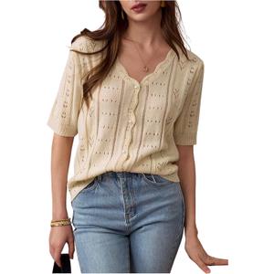Milumia Women's Short Sleeve V Neck Button Down Sweater Hollow Out Casual Knit Tops Elegent Cardigan (Beige, L)