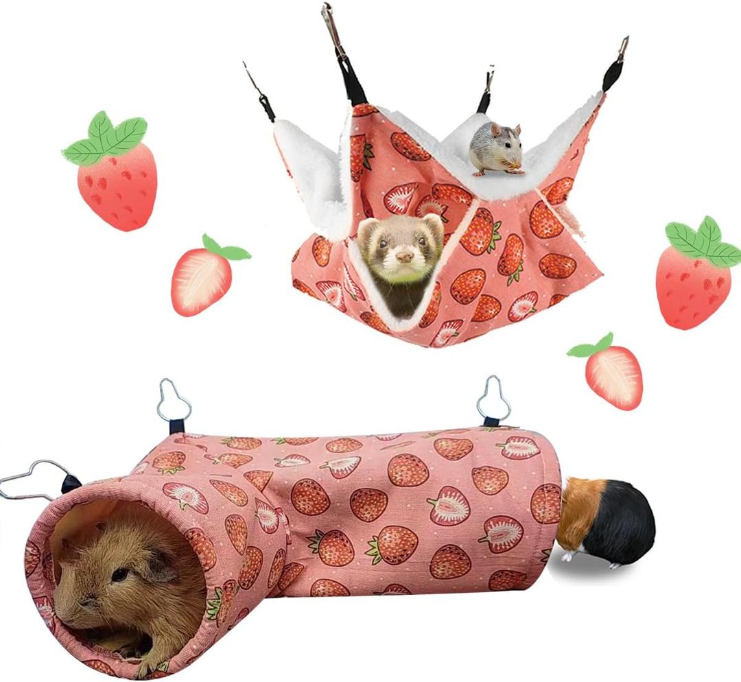 LYART Guinea Pig Rat Ferret Hammock and Warm Bed Small Pet Hideout Tunnel Cave Hanging Bunkbed Hammock Cage Toy for Hamster Sugar Glider Squirrel (1.Hammock & Corner Tunnel)