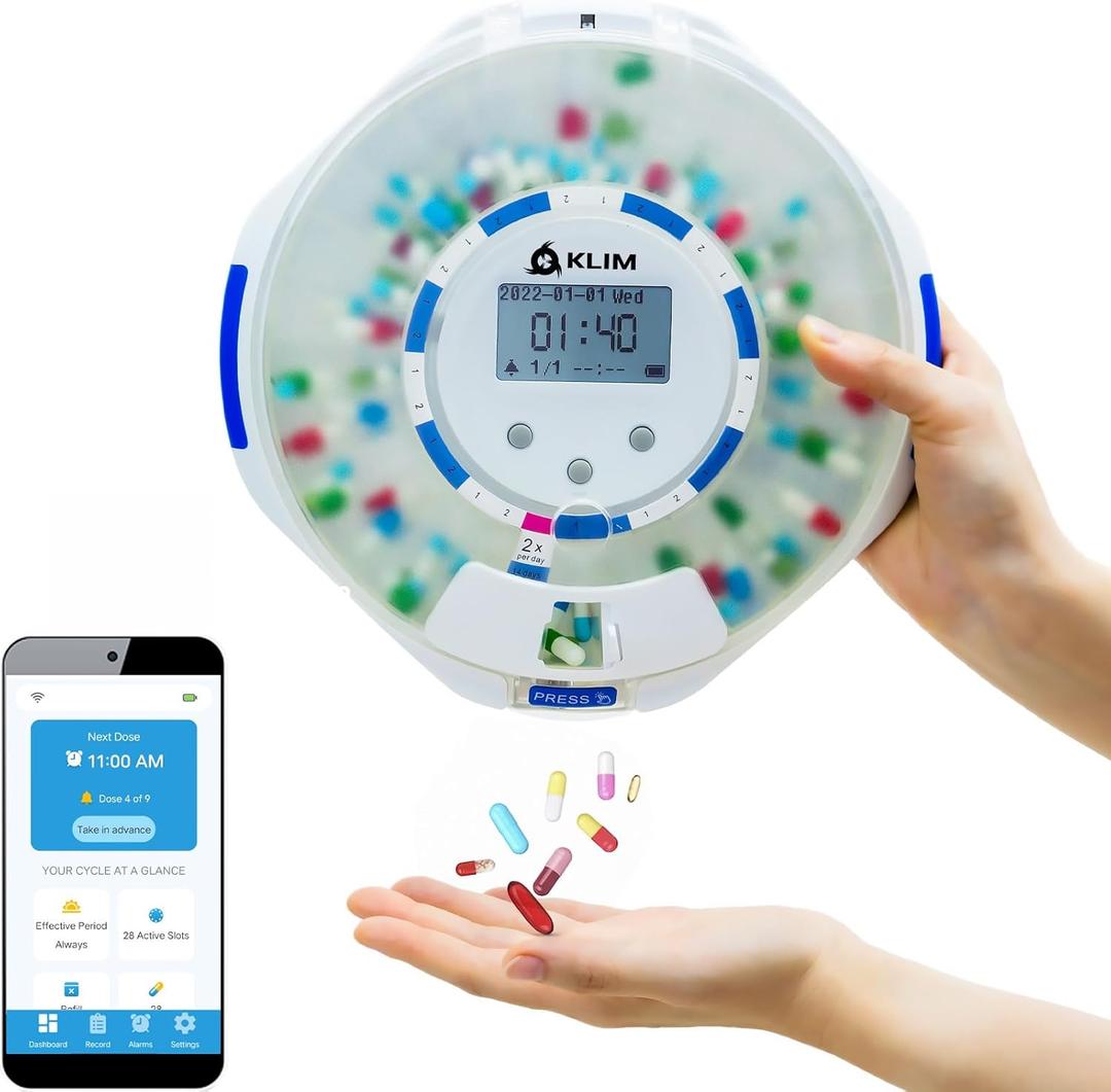 KLIM Smart Pill Dispenser with Alarm - WiFi Monitoring App - 28-Day Automatic Medicine Dispenser for Elderly & Alzheimers Care - Lock Key - New Version