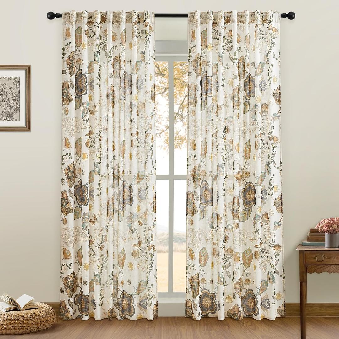 Vintage Floral Curtains 96 Inches Long for Living Room Back Tab Rod Pocket 2 Panels Boho Farmhouse Colorful Leaf Flower Patterned Linen Drapes Light Filtering Privacy Bedroom Dining Room Decor 52x96
