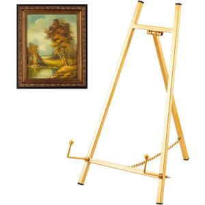 Leinuosen Metal Easel Stand 16.5" H x 8.7" W x 4.3" D Table Top Easel Stand for Display Tripod Art Picture Mirror Modern Plate Holder for Display Book Photo Wedding Sign(Gold)