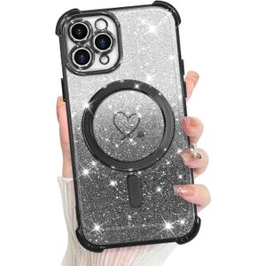 KANGHAR for iPhone 12 Pro Case, Support for MagSafe [Four Corner Cushion Series] Love Heart Pattern Electroplate Edge Shockproof Durable Full Body Protection for Girls Women -Black