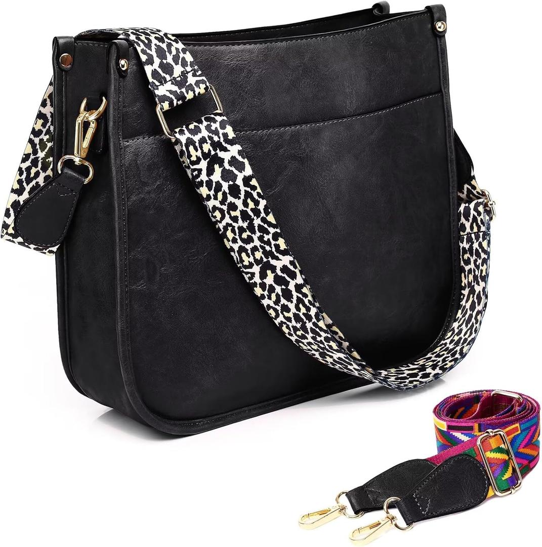 AUYOCO Vegan Leather Crossbody Bags for Women, Crossbody Purse With Guitar Strap Zipped Pockets Handbag Shoulder Bag (Black(including Two Straps))