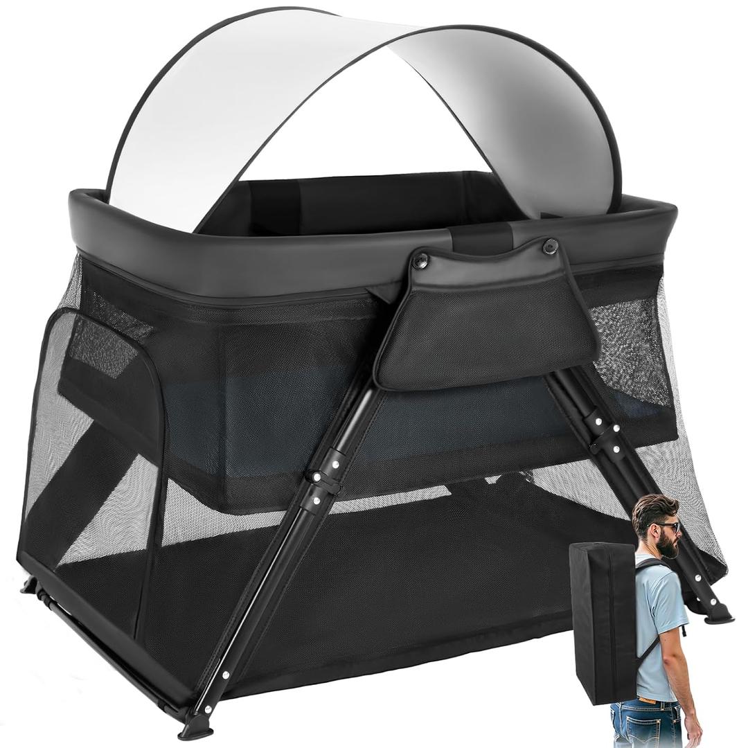 Lilian&Gema 2-in-1 Travel Crib, Portable & Foldable Crib with Backpack, Lightweight Baby Travel Playpen with Thick Mattress for Babies & Toddlers, Baby Travel Essential