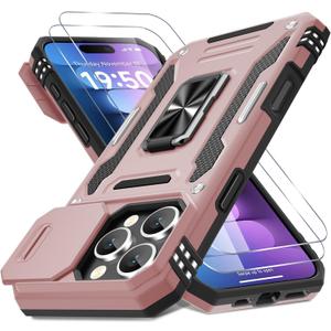 DEERLAMN Case for iPhone 16 Pro with Slide Camera Cover+Screen Protector (Pack of 1), Rotated Ring Kickstand Military Grade Shockproof Protective Cover-Rose Gold