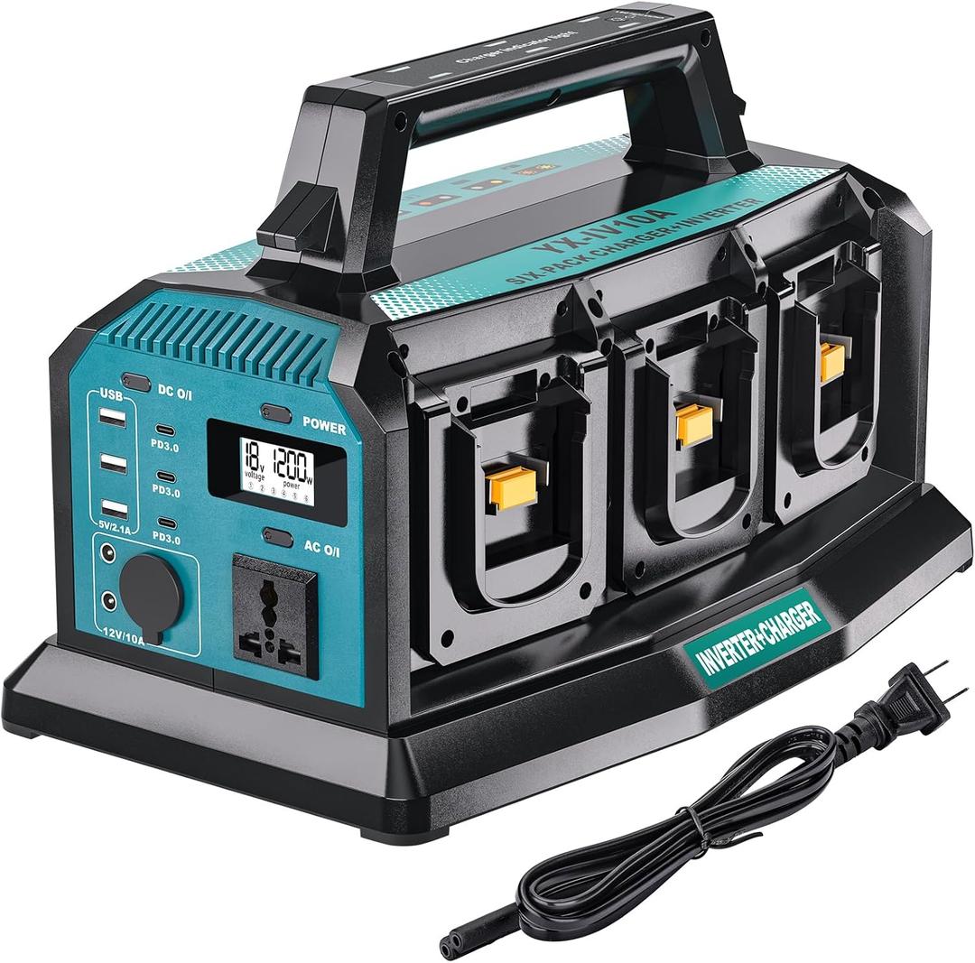 1200W Power Inverter & 6A Rapid Charger for Makita 18V Battery – 6-Port DC to AC 120V Converter, 3 USB-A + 3 USB-C, 300lm LED Light for Camping, Travel, Emergencies(Battery not Included