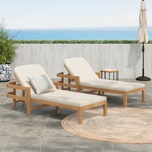 Christopher Knight Home Kayas Acacia Wood Chaise Lounge with Adjustable Backrest, 77.5" Outdoor Sun Lounger with Cushion, Patio Lounger Recliner Chair for Poolside Lawn, Light Teak+Cream, Set of 2
