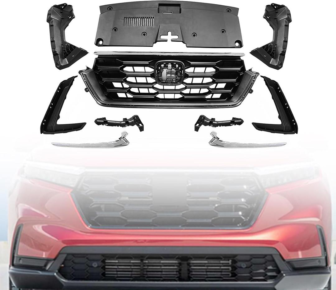 CRV Grill Set - Front Upper Grille & Radiator & Fog Light Cover w/o Hole Kit Compatible with 2023 2024 2025 2026 Honda CRV CR-V LX EX or EX-L Model 1.5L