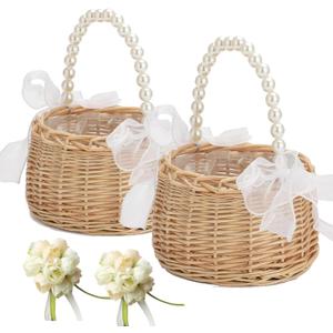 2PCS Wicker Rattan Flower Girl Basket with 2PCS Wedding Wrist Corsage, Handwoven Wicker Basket with Pearl Handle Bow Fairy Flower Basket Rattan Basket for Weddings Bridal Anniversary Party Decor (1)