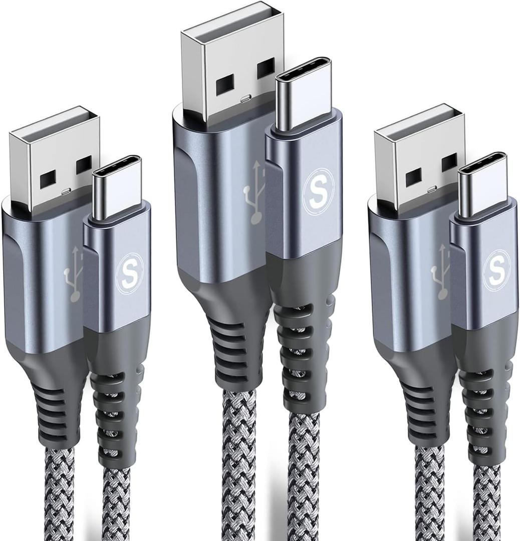 USB Type C Cable 3.1A Fast Charging [3Pack,6.6ft+3.3ft+3.3ft],Sweguard USB-A to USB-C Charger Nylon Braided Cord for Samsung Galaxy S21 S20 S10 S9 S8 Plus,Note 20 10 9 8 7,A71 A51 A32,LG,Moto,PS5-Grey (6.6ft+3.3ft+3.3ft, Grey)