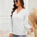 TICTICMIMI Women's V Neck Tops Long Sleeve Henley Shirts Casual Tunic Blouse (White, M)