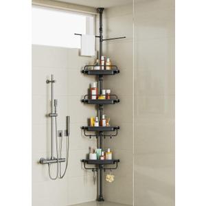 32-122inch Corner Shower Caddy Tension Pole Black, Rustproof Drill-Free Shower Shelves for Bathroom Bathtub Washbasin, Adjustable Shower Organizer with 4 Tier Patent Stable Shelves & Towel Bars