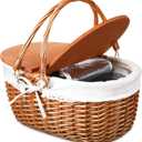 DoubleFill Wicker Insulated Picnic Basket with Lid Wicker Picnic Basket with Folding Handles and Insulated Cooler Bag for Camping Outdoor Easter Valentine Birthday Gift(White)