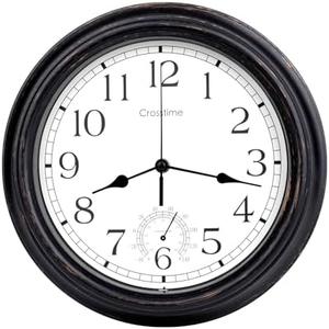 16 Inch Large Outdoor Clock Waterproof with Thermometer Retro Wall Clocks for Patio Pool Garden Home, Bronze