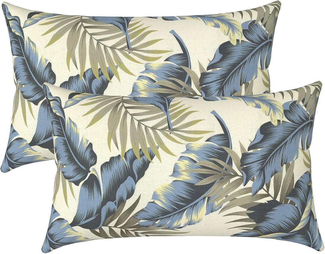 LVTXIII Set of 2 Patio Lumbar Pillows, 12" x 20" Fade Resistant Outdoor Lumbar Pillow with Inners, Fluffy Decorative Garden Lumbar Cushions for Home Patio Coach Sofa Use, Lush Palm Blue