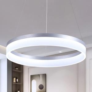 Buccleuch Modern LED Pendant Light, Dimmable LED Chandelier for Dining Room Light Fixture, 19.7 inch Silver Round Pendant Light for Kitchen Island, Height Adjustable Ceiling Light Fixture