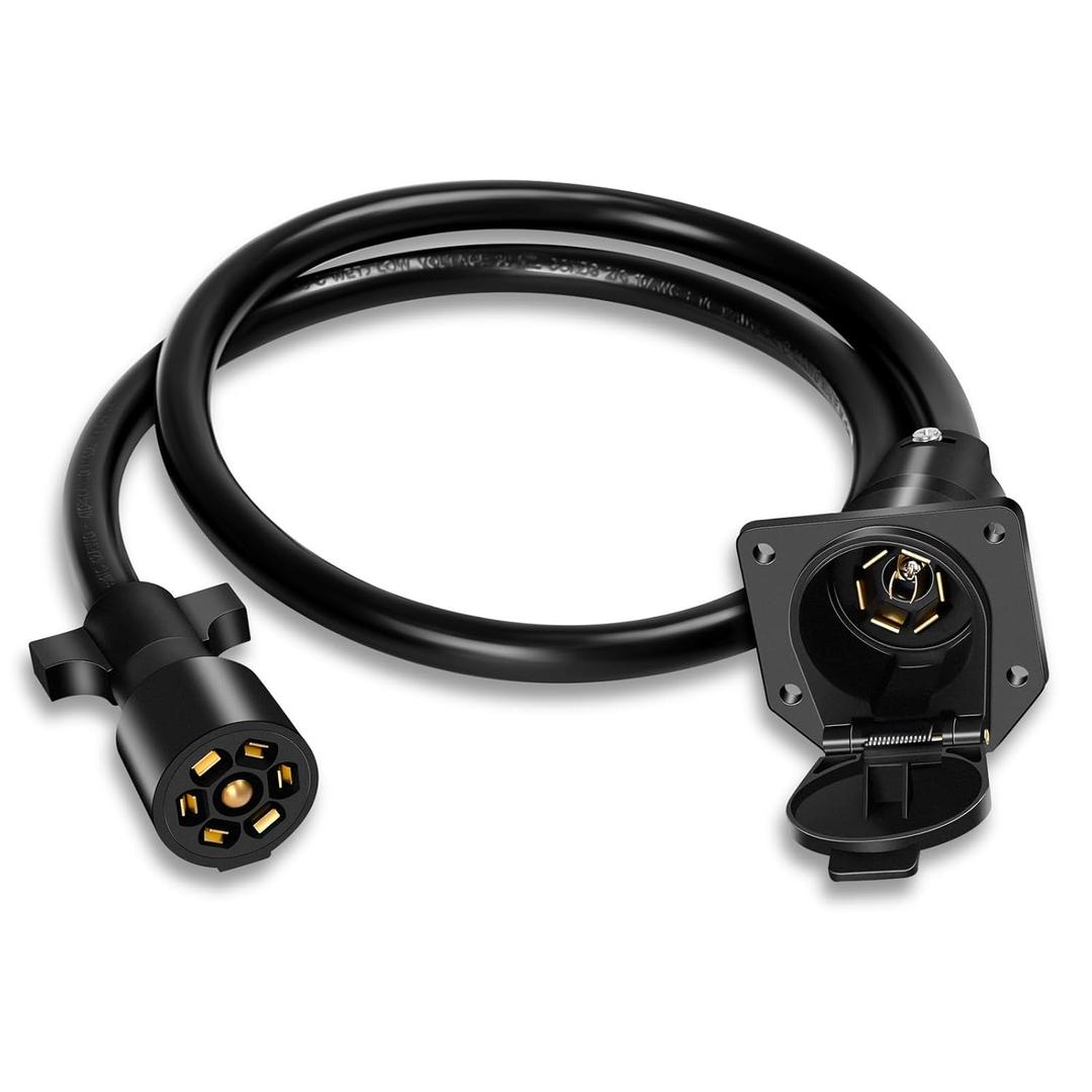 Gubrdfrsod 7 Way Trailer Plug Extension 3 FT, 10-14AWG 7 Pin Trailer Extension Trailer Pigtail 7 Way Trailer Wire Brass 7 Pin Trailer Plug 7 Blade Trailer Connector Gooseneck Trailer Wiring Harness