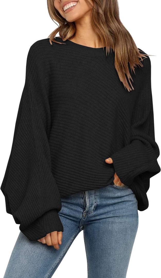 Mafulus Women's Oversized Crewneck Sweater Batwing Puff Long Sleeve Cable Slouchy Pullover Jumper Tops (X-Large, 1-black)