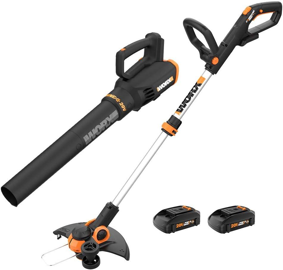 WORX 20V 12'' Cordless String Trimmer & 360 CFM Leaf Blower Combo, 2 Batteries & Charger Included, WG928, 20V GT 3.0 Trimmer / Edger + Turbine Blower