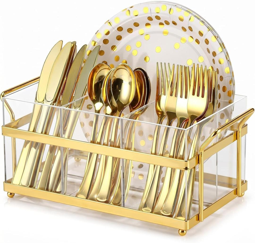 Havawish Acrylic Silverware Caddy Metal Utensil Holder for Party 4 Divided Sections Kitchen Countertop Cutlery Organizer for Spoon Fork Paper Plates Napkins Cups, Camping Picnic Buffet Party Essential
