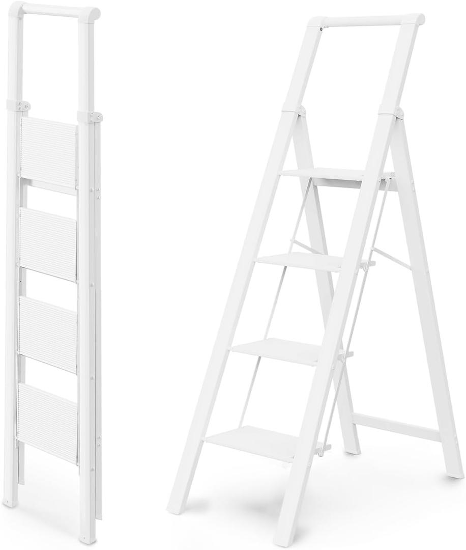 WOA WOA 4 Step Ladder, Ladders for Home, Anti-Slip Pedals, Aluminum Step Stool Foldable, Lightweight to Move, Ease of Storage, Reach 9ft for Closet Kitchen Library, Hold 300lbs - White