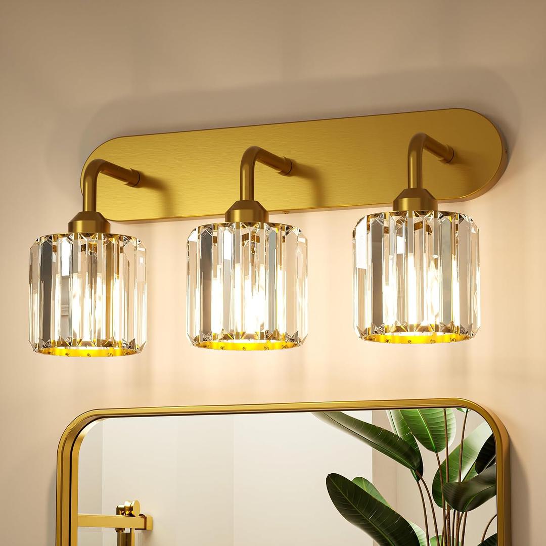 Keonjinn 3-Light Gold Bathroom Light Fixtures Over Mirror, Crystal