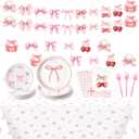Coquette Pink Bow Party Decoration Set - Serves 24- 112Pcs Bowknot Bachelorette Bridal Themed Tableware Disposable Plate Napkin Tablecloth Banner Card for Birthday Party Supplies