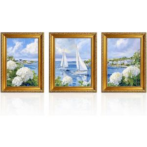 3 Piece Coastal Sailboat Wall Art, Vintage Gold Framed Decor, 16x24 inch