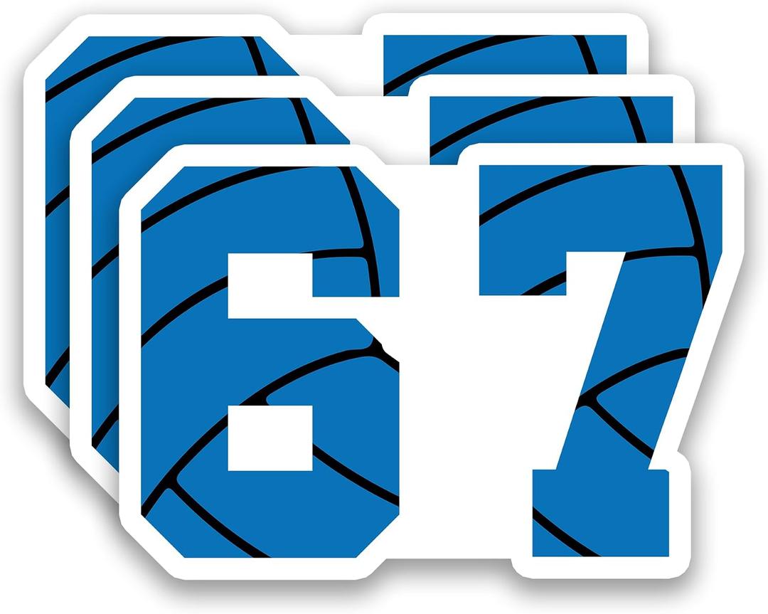 (3Pcs) Blue Volleyball 67 Stickers Funny Six Seven Gen Alpha Meme 6 7 Numbers Vinyl Decal for Coach, Player, Teens Fans, Waterproof Sticker for Water Bottle Laptop Scrapbook Phone Case, 3" x 2.1"