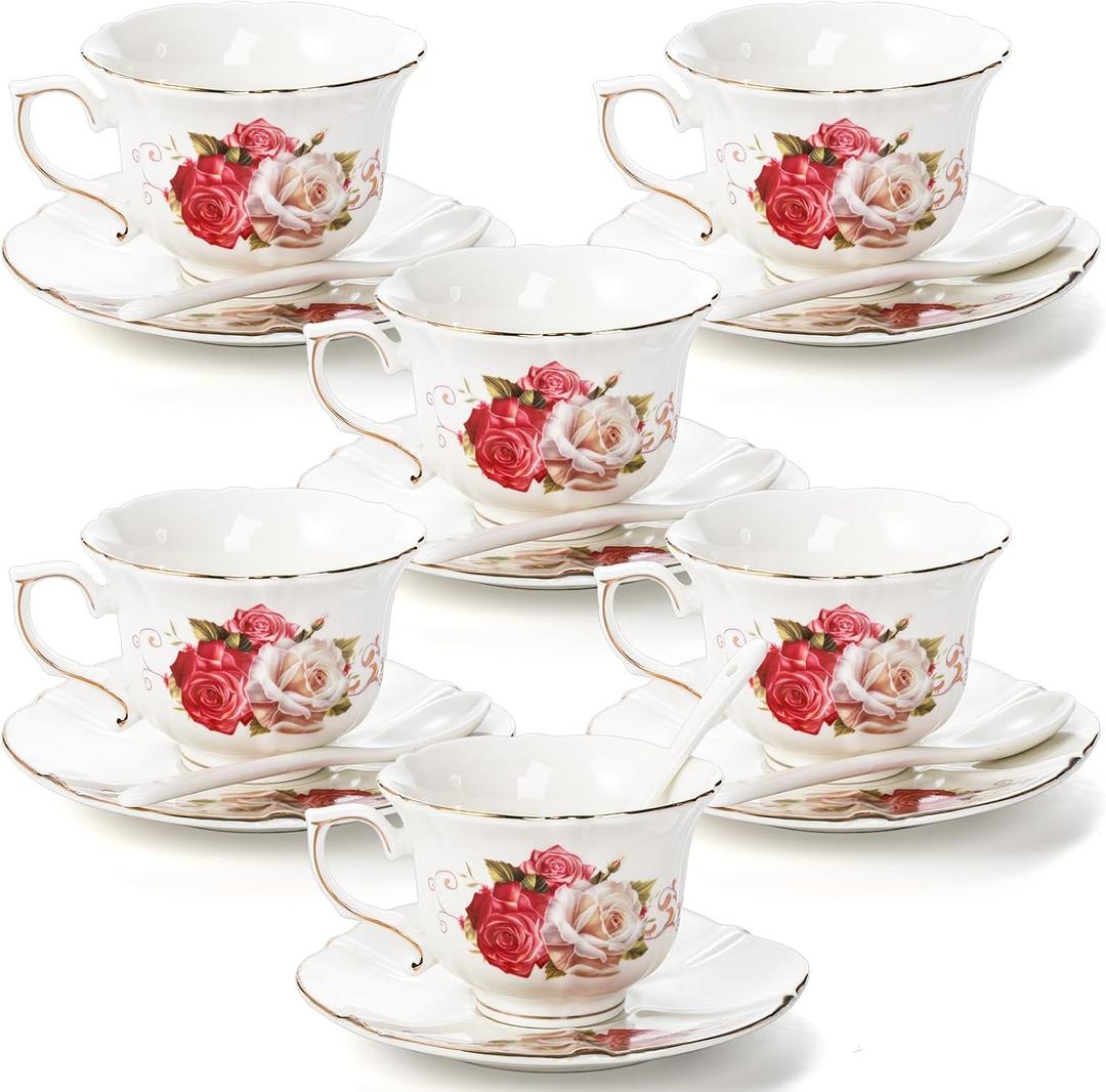 Foraineam Tea Cup And Saucer Set Of 6, Porcelain Ivory Rose Tea Cups With Saucers And Spoons, 6 Oz Floral Coffee Cup Set With Gold Trim, Latte Cups And Espresso Mug For Tea, Latte And Coffee Drinks