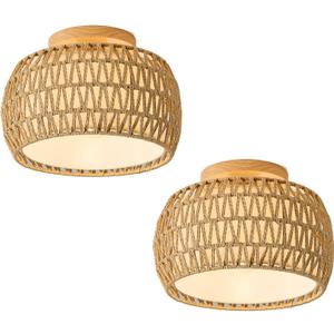 2 Packs Boho Rattan Flush Mount Ceiling Lights 12 Inch Farmhouse Ceiling Light Fixtures Rustic Wicker Hand Woven Rope Cage for Dining Room Kitchen Bedroom Foyer Hallway Entryway