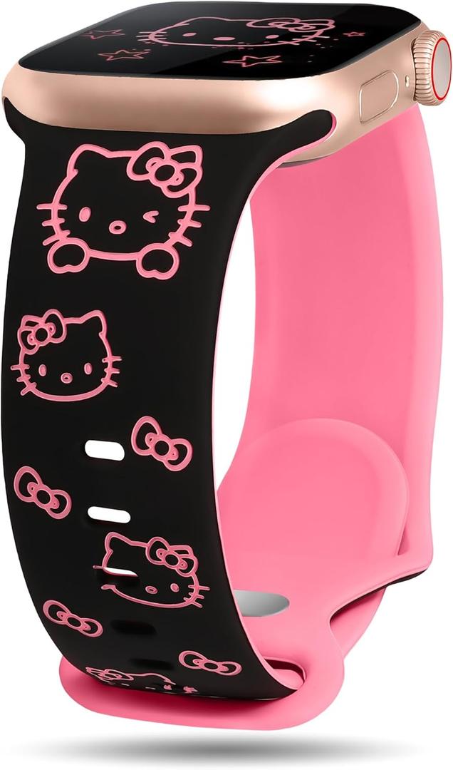 Cute Cat Engraved Band Compatible with Apple Watch Bands for Women 40/38/41/42/46/45/44/49mm, Funny Cartoon Pattern Soft Silicone Sport Strap for iWatch Series 11 10 9 8 7 6 5 4 SE/Ultra 3 2 1 (Black/Rose Pink)