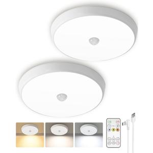 Motion Sensor Light Indoor, 2-Pack, 10000mAh, 7.1inch, 400LM, Remote Control, Dimmable, LED, Flush Mount, Wireless, Rechargeable, Battery Operated, Cordless, Ceiling Light, Closet Light, No Wiring