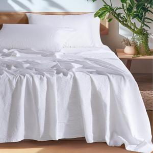 SONORO KATE 100% French Pure Linen Sheets, Breathable and Durable Linen King Size Sheets, Anti-Tear Linen Bed Sheets, Machine Washable, 16 Inch Deep Pocket - 4 Piece (White, King)