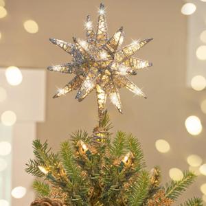 Luxspire Christmas Tree Topper, 3D Starburst Lighted Tree Topper, Plug in Christmas Star with Timer, Light Up Xmas Vintage/Modern Decorations for Holiday, Silver