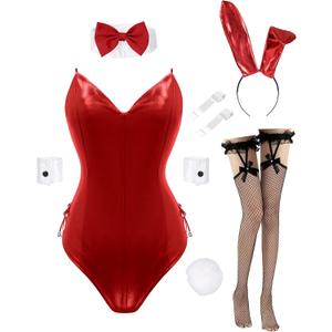 Drofe Bunny Costume Women Bunny Girl Senpai Cosplay Anime Role Costume Bodysuit Set (Red, XL)