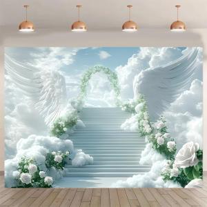 White Stairway to Heaven Backdrop Holy Light Clouds Blue Sky Floral Archway Doves Background Heaven Sent Theme Angel Wings Backdrops Christian Activity Decor Church Photo Booth Prop(White, 7x5 Feet)