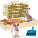 4 in 1 Rabbit Hay Feeder with Litter Box, Small Animals Hay Rack with Water Bottle, and 2 Bowls, Wooden Bunny Hay Holder Feeder Toilet Combo for Rabbit, Guinea Pig, Hamster, Hedgehog, Chinchillas