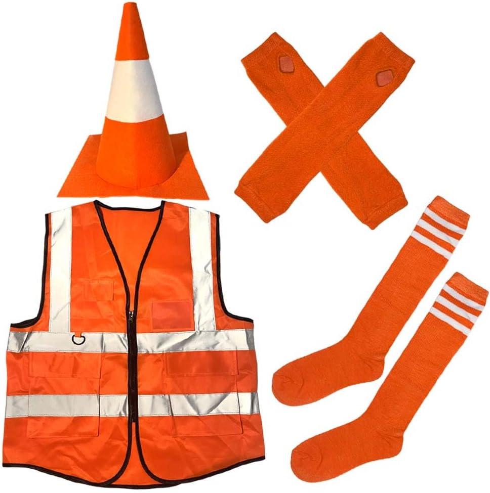 4Pcs Traffic Cone Costume Halloween Construction Orange Traffic Cone Hat Reflective Vest with Glove and Sock for Men Women Adult Party Costume 4Pcs Traffic Cone Costume Halloween Construction Orange Traffic Cone Hat Reflective Vest with Glove and Sock for Men Women Adult Party Costume