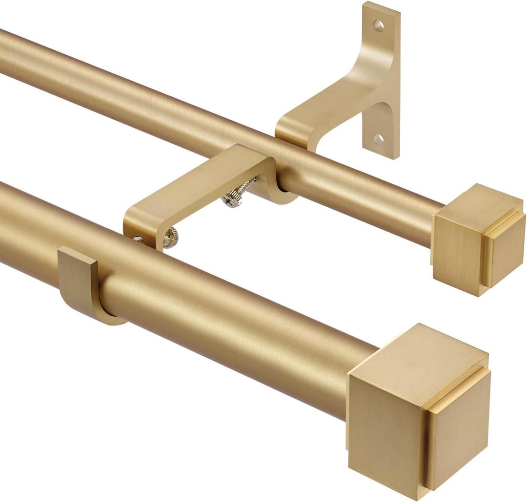 Double Curtain Rods with Square Heavy Duty Aluminum Alloy Finials - 72-144' Telescoping Rods, 1 Inch Front and 5/8 Inch Back - Warm Gold