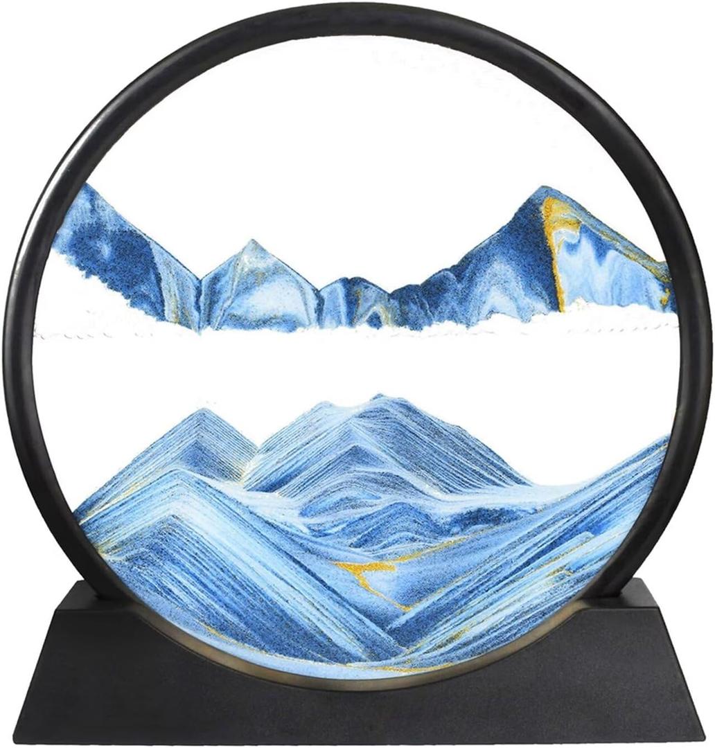 BGFJYUK Moving Sand Art Picture in Motion, Round Tempered Glass 3D Deep Sea Sandscapes with Display Flowing Sand Frame for Relaxing Desktop Home Office Work Dcor for Kids Adults Blue, 12inch