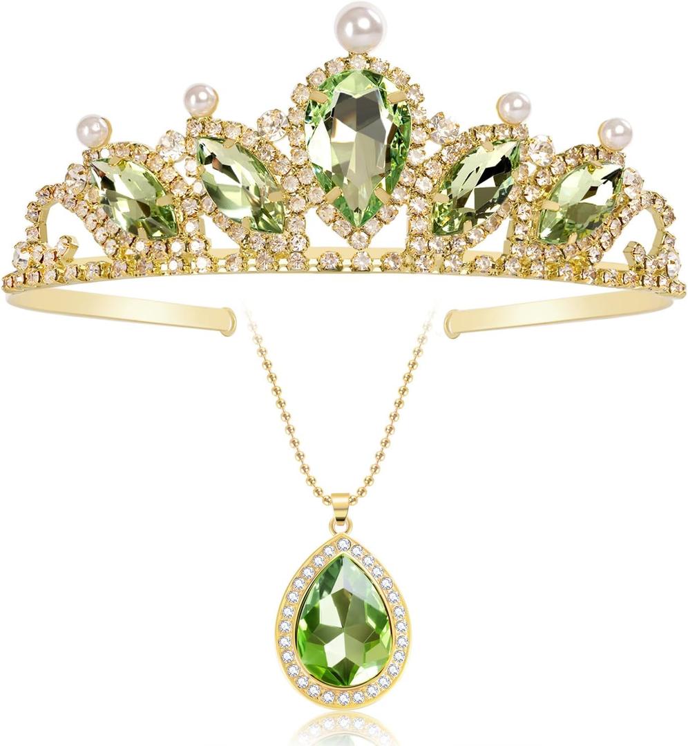 Princess Tiana Set Crown and Necklace Princess Tiana Birthday Outfit Halloween Party Fancy Green Crystal Tiara