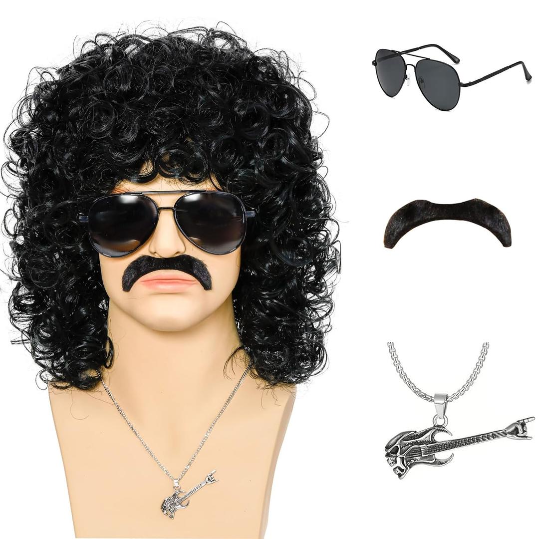 Mens Short Curly Black Wig With Sunglasses and Necklace Fake beard-70s 80s Fluffy Afro Punk Rockstar Wig for Men Cosplay Halloween Party Costume Wig