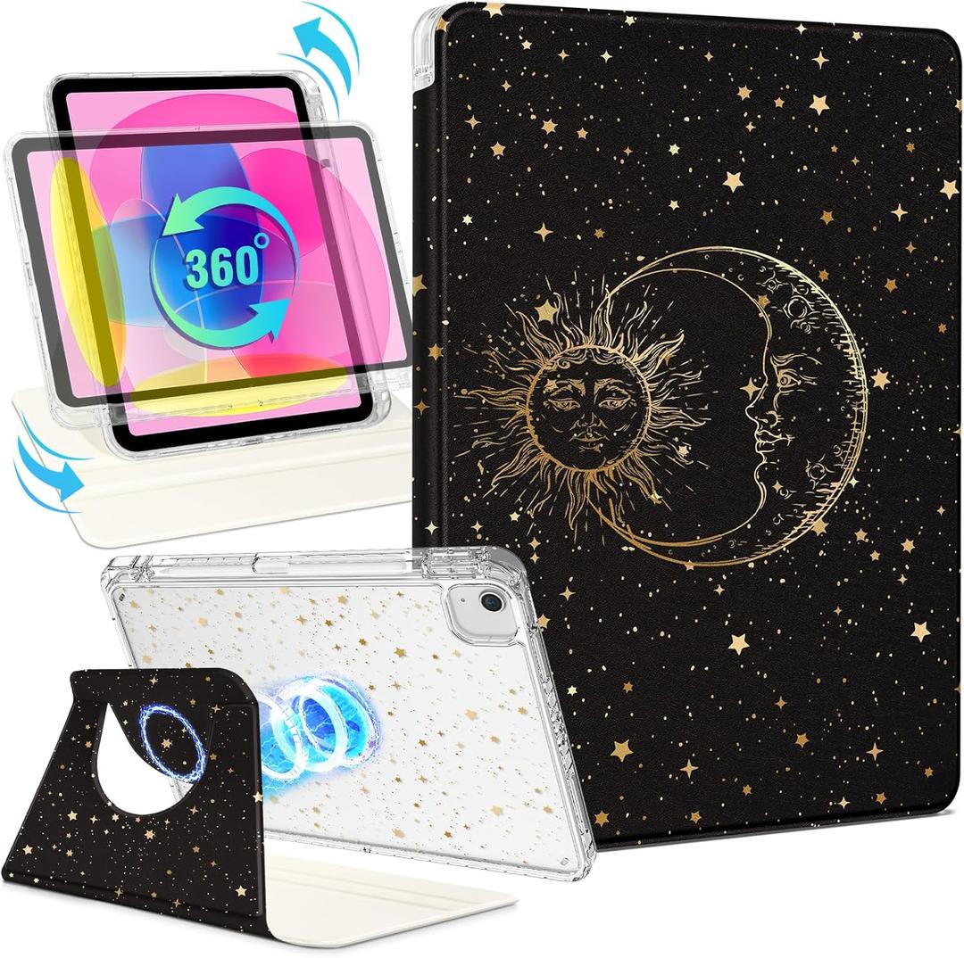Shorogyt for iPad Air 11 Inch Case M3 2025&M2 2024/Air 5th Generation 2022/Air 4th Gen 2020/Pro 11 Inch Case Magnetic Stand for Women - Cute 360 Degree Rotating Covers Girls Pencil Holder,Star Moon