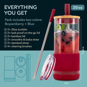Pandaloo Glass Cups With Lids and Straws -20 Fl Oz- Perfect Size Iced Coffee Cup - Smoothie Cup With Bamboo Lid and On the go Lid - Glass Tumbler 